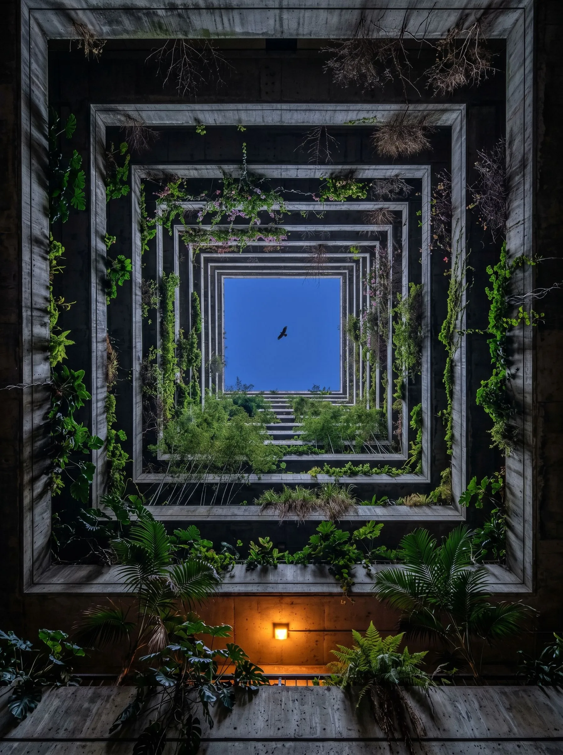 Looking straight up a square concrete lightwell, every tier overgrown with ferns and vines, a bird crossing the patch of blue sky at the top