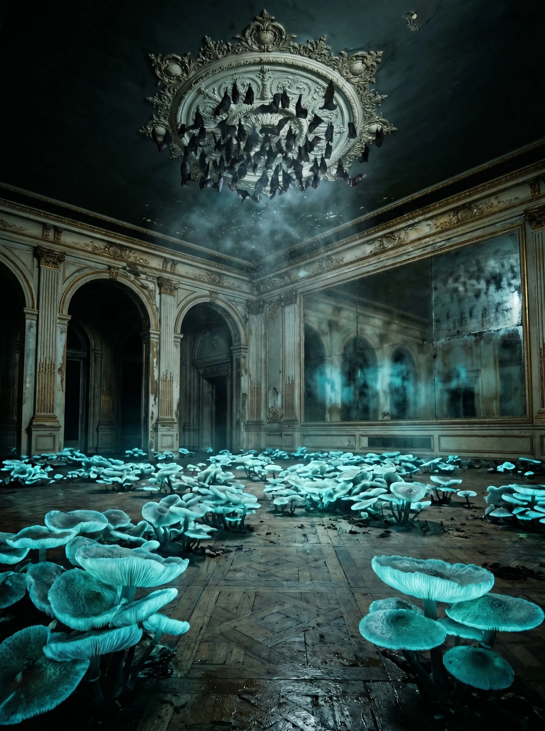 A derelict ballroom carpeted in glowing turquoise mushrooms, bats roosting on the ceiling rose above tarnished mirrors