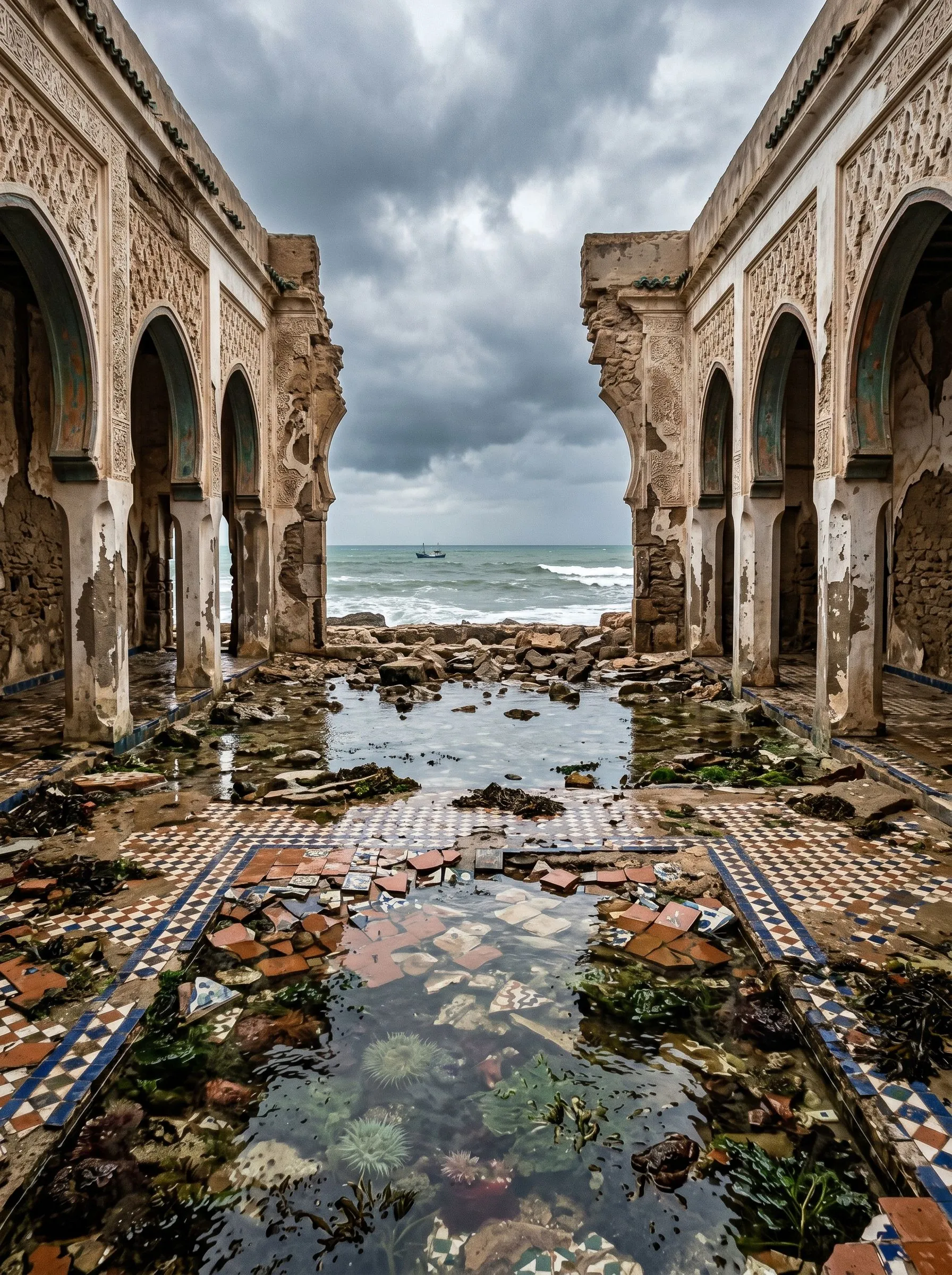 A ruined tiled courtyard open to a stormy sea, its mosaic floor cracked and flooded with a rockpool, a fishing boat on the horizon