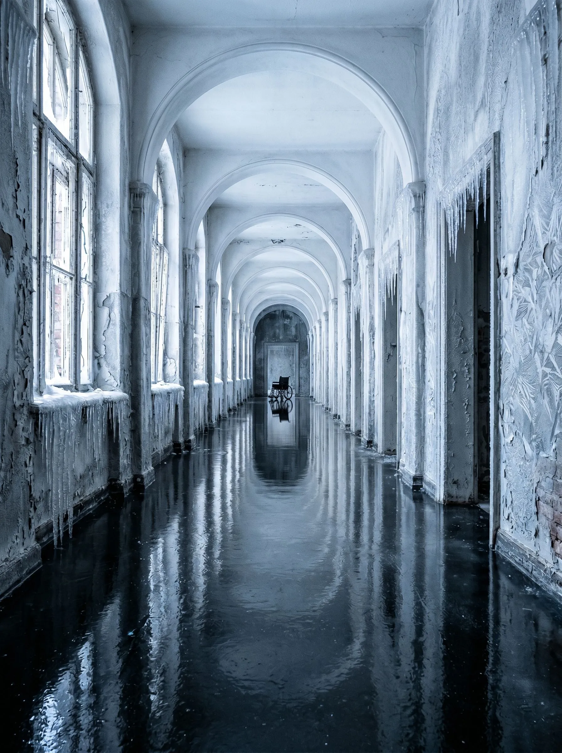 An abandoned vaulted corridor frozen over, icicles hanging from the windows and a lone wheelchair reflected in the ice underfoot